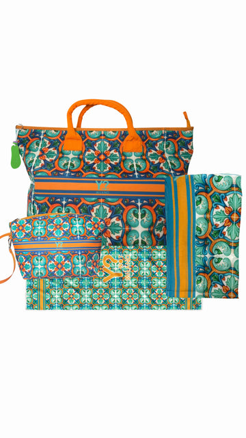 COORDINATO MARE BORSA GRANDE+ NECESSAIRE+ PAREO+ TELO MARE YNOT LIPARI ORANGE