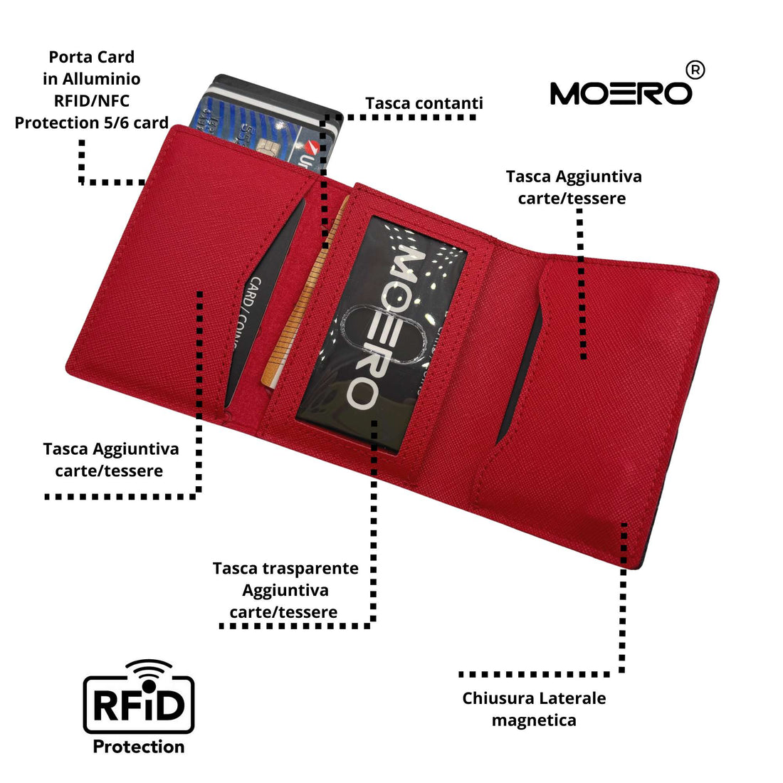 PORTAFOGLIO MOERO PRO PLUS CON ZIP SAFFIANO SPLIT NERO E ROSSO SCOCCA ROSSO