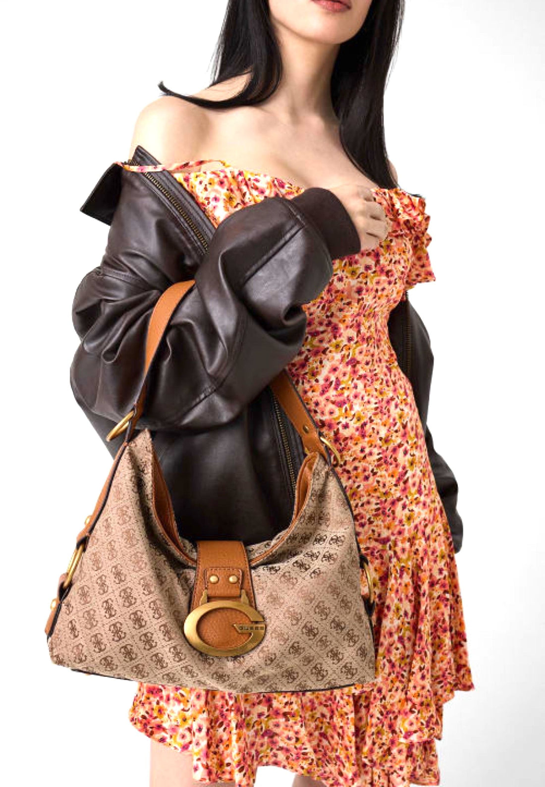 BORSA A SPALLA DONNA GUESS CAMDEN JJ930818 LATTE LOGO COGNAC