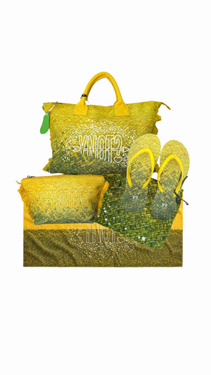 COORDINATO MARE BORSA GRANDE+ NECESSAIRE+PAREO+INFRADITO+TELO MARE YNOT MACAO LIME
