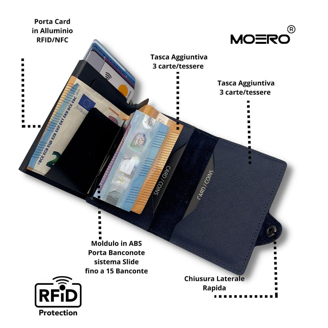 PORTAFOGLIO MOERO CLASSICO SAFFIANO CON BOTTONCINO BLU-MIDNIGHT