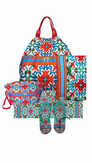 COORDINATO MARE BORSA MEDIA + NECESSAIRE+SANDALI+ PAREO+TELO MARE YNOT LIPARI RED