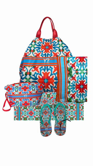 COORDINATO MARE BORSA MEDIA + NECESSAIRE+SANDALI+ PAREO+TELO MARE YNOT LIPARI RED