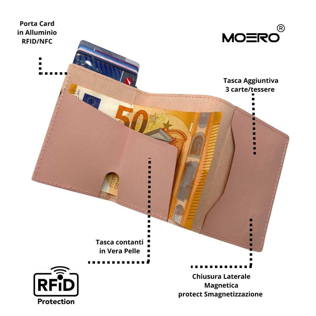 PORTAFOGLIO MOERO PRO CON ZIP SAFFIANO ROSA CON SCOCCA VIOLA