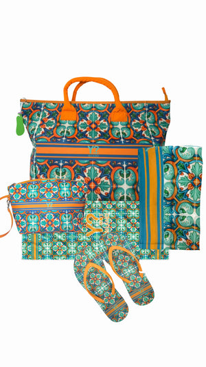 COORDINATO MARE BORSA GRANDE+ NECESSAIRE+SANDALI+ PAREO+ TELO MARE YNOT LIPARI ORANGE