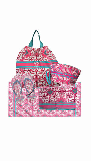 COORDINATO MARE BORSA MEDIA + NECESSAIRE+SANDALI+ PAREO+ TELO MARE YNOT LIPARI PINK