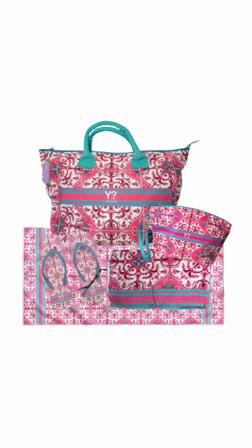 COORDINATO MARE BORSA + NECESSAIRE+SANDALI+ PAREO+TELO MARE YNOT LIPARI PINK