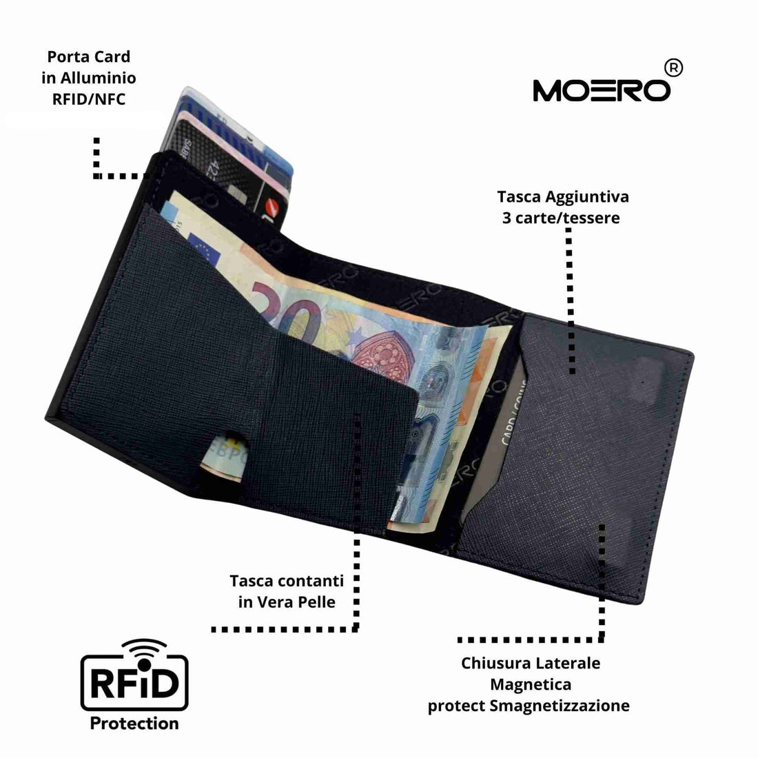 PORTAFOGLIO MOERO PRO SAFFIANO CON ZIP BLU SCOCCA NERO