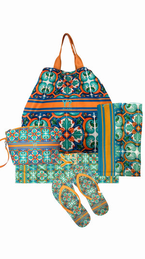 COORDINATO MARE BORSA MEDIA + NECESSAIRE+SANDALI+ PAREO+TELO MARE YNOT LIPARI ORANGE