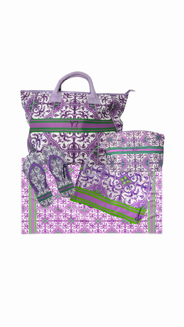 COORDINATO MARE BORSA + NECESSAIRE+SANDALI+ PAREO+TELO MARE YNOT LIPARI PURPLE